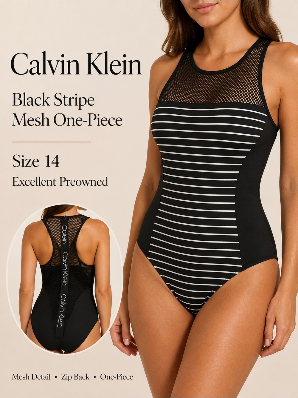 Calvin Klein Black and White Striped Mesh One-Piece Swimsuit